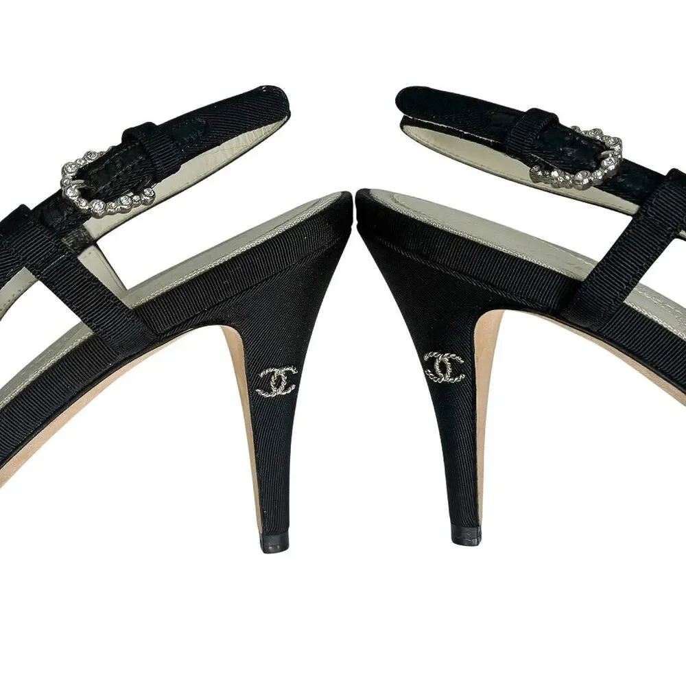 Chanel Slingback Sandal Grosgrain Crystal CC Logo Bow Heels EU 38 Black Peep Toe - Picture 7 of 12